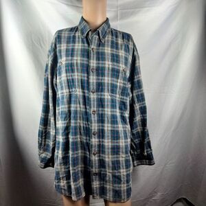 Duluth Trading Shirt Men XXL Tall Blue Plaid Flannel Button Up Work Adult 2XLT